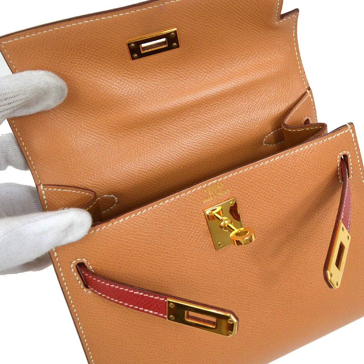 HERMES * 1994 Mini Kelly 20 SELLIER Courchevel Natural Rouge Vif - Image 6
